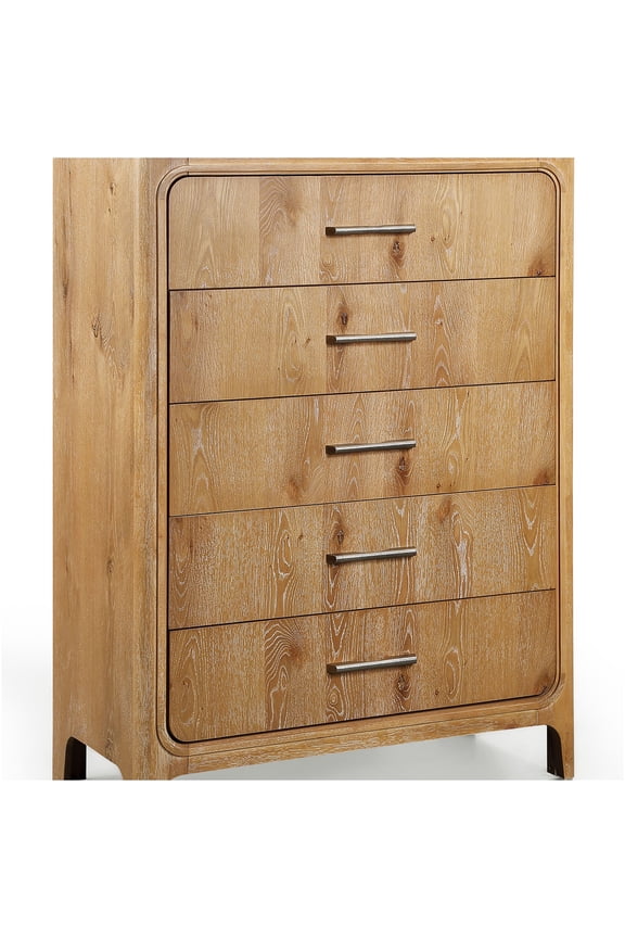 5-Drawer Chest Dresser, Natural Wood & Brown Bedroom Storage Organizer, Contemporary Wooden Tallboy with Metal Pulls