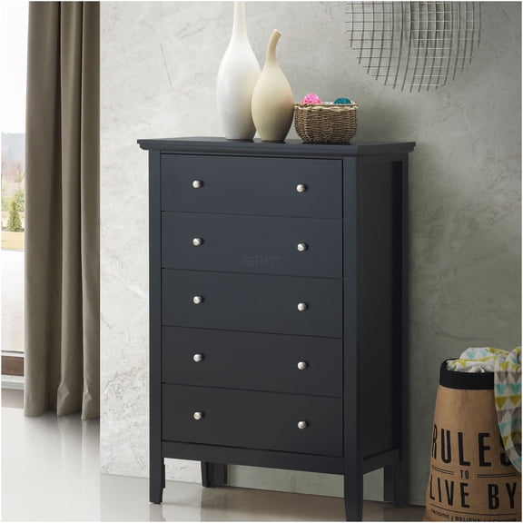 JERFIT 5-Drawer Chest Dresser with Padded Headboard, Black Bedroom Storage Furniture, Particle Board Wardrobe with French Dovetail Drawers & Metal Hardware