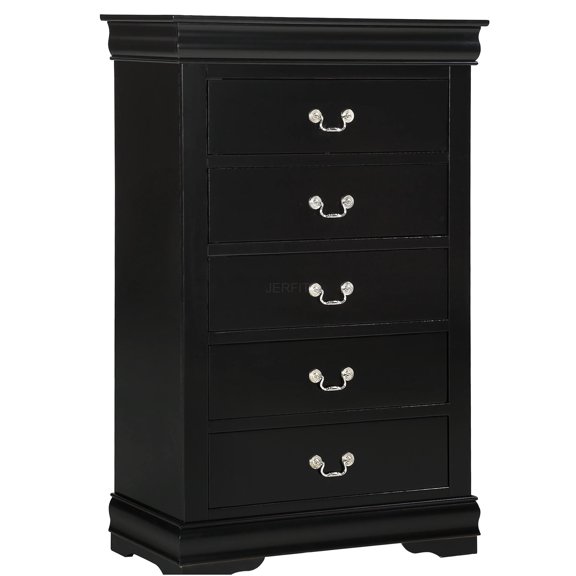 JERFIT 5-Drawer Chest Dresser, Solid Wood Storage Cabinet with Soft-Close Drawers, Black Finish Louis Philippe Style for Bedroom