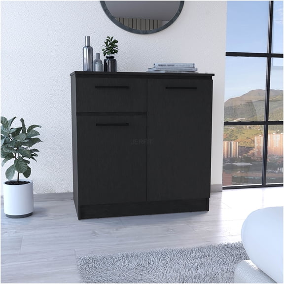 JERFIT 5-Drawer Chest Dresser with 2 Doors, Black Engineered Wood Storage Cabinet for Bedroom