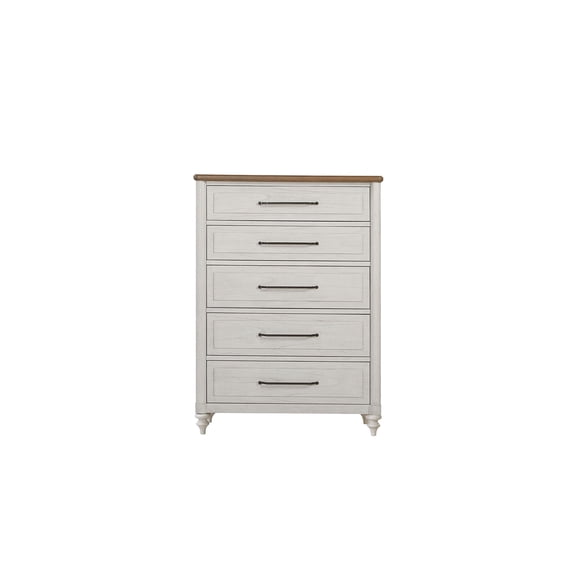 JERFIT 5-Drawer Dresser Chest, White Cement Sand Finish, Solid Wood and MDF Bedroom Storage Organizer