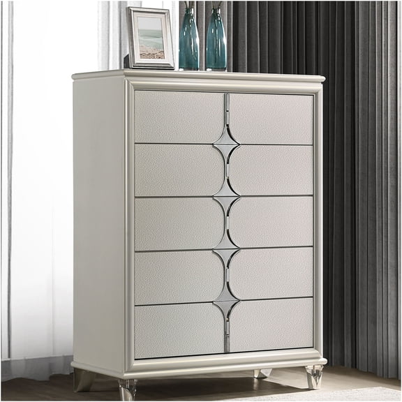JERFIT 5-Drawer Dresser Pearl White Chest, Vintage Bedroom Storage Cabinet with Diamond Design and Acrylic Legs