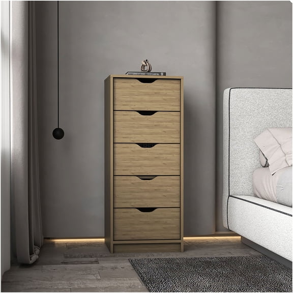 JERFIT 5-Drawer Dresser, Slim Beige Chest of Drawers for Bedroom, 42 Inch Tall Storage Cabinet, Engineered Wood with Oak Finish, Compact Organizer for Small Spaces