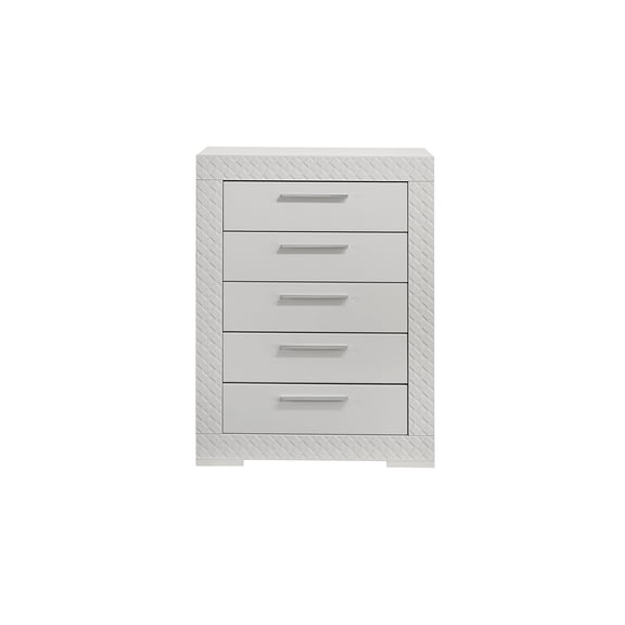JERFIT 5-Drawer Dresser White Modern Wood Chest, Quilted Textured Bedroom Storage Cabinet with Soft-Close Drawers