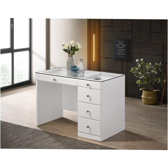 JERFIT 5-Drawer Glam Vanity Table with Glass Top, White Makeup Dressing Table with Crystal Knobs for Bedroom