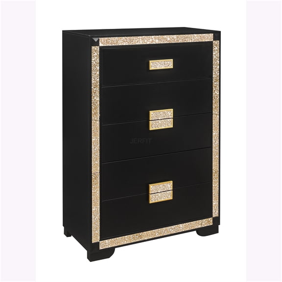 JERFIT 5-Drawer Glitter Accent Chest, Black and Gold Contemporary Dresser with Thick Bar Handle, Spacious Storage Organizer for Bedroom