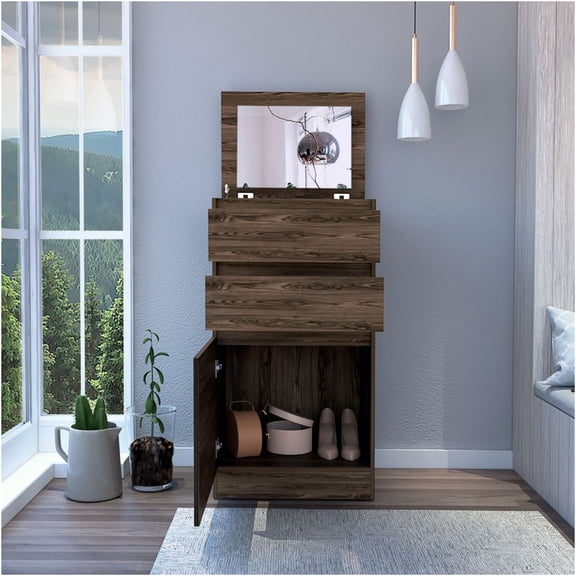 JERFIT 5-Drawer Jewelry Dresser with Mirror and Cabinet Door, Dark Walnut Finish, Bedroom Storage Organizer Chest