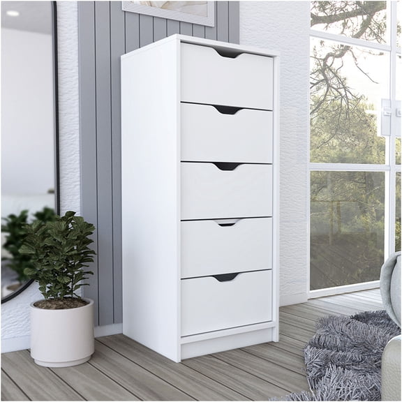 JERFIT 5-Drawer Narrow Dresser, White Compact Storage Chest, Bedroom Dresser with Smooth Gliding Drawers, Space-Saving Design, Easy Assembly