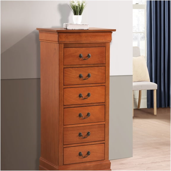 JERFIT 5-Drawer Oak Lingerie Chest, Tall Bedroom Storage Dresser with Dovetail Drawers & Hidden Compartment