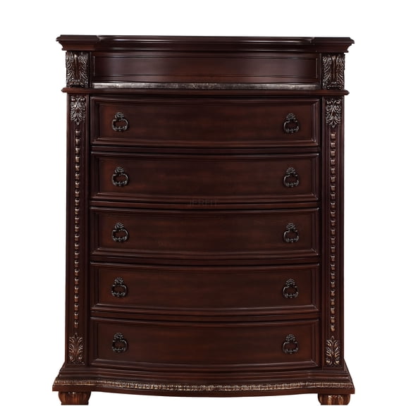 JERFIT 5-Drawer Tall Chest Dresser with Marble Top, Solid Wood Frame, Brown Cherry Finish for Bedroom Storage