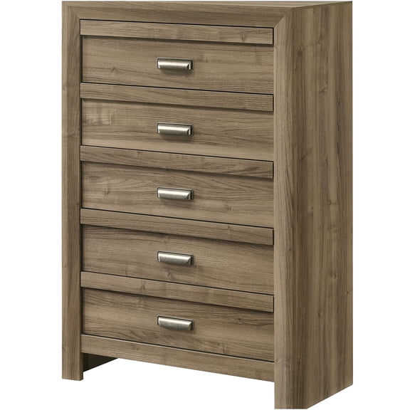 JERFIT 5-Drawer Tall Chest, Modern Wood Dresser with Metal Pulls, Light Brown Bedroom Storage Furniture Organizer