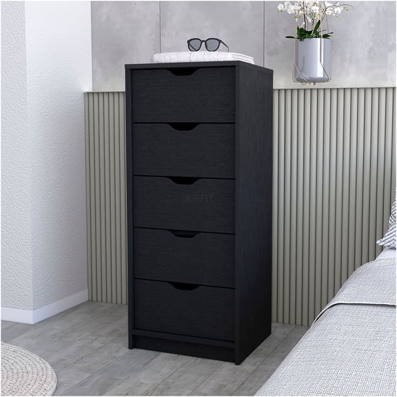 JERFIT 5-Drawer Tall Dresser, Narrow Chest of Drawers with Large Storage Drawers for Bedroom, Modern Black Melamine Finish