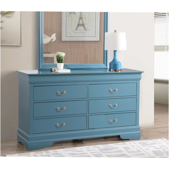 JERFIT 5-Drawer Teal Dresser, Traditional Bedroom Chest with English Dovetail Drawers & Carved Details