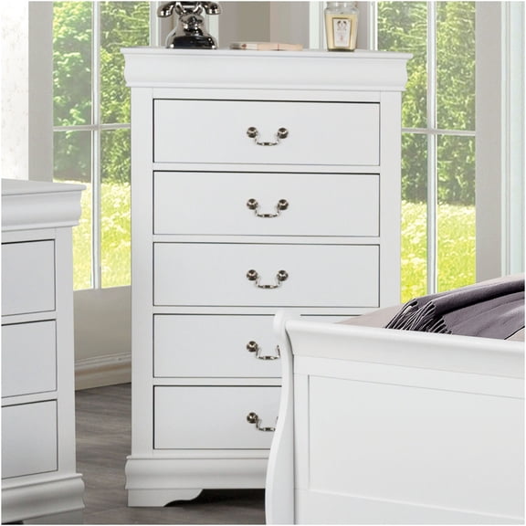 JERFIT 5-Drawer Transitional Chest, White Solid Wood Storage Tower with Hanging Pulls & Dovetail Drawers