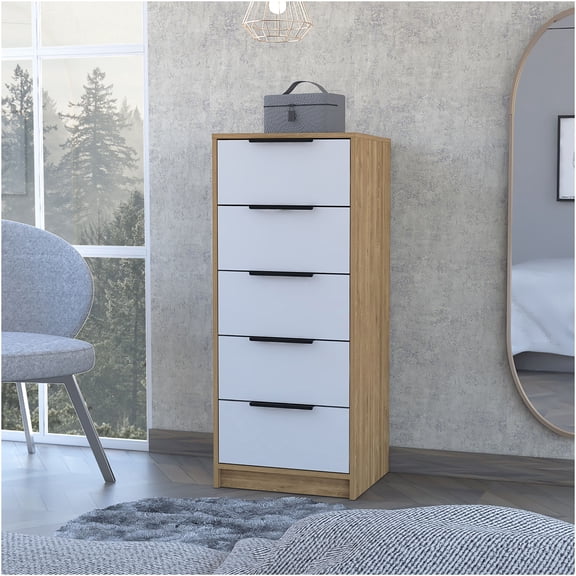 JERFIT 5-Drawer Vertical Dresser, Tall Chest of Drawers with Large Storage Drawers for Bedroom, White Finish