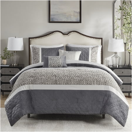 JERFIT 5-PC Jacquard Comforter Set with Decorative Pillows, Hypoallergenic & Machine Washable, Full/Queen, Multicolor Stripe Bedding