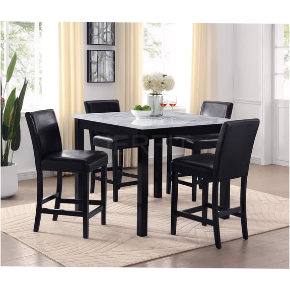 JERFIT 5-Piece Counter Height Dining Set, Square Faux Marble Tabletop with 4 Upholstered Chairs, Modern Kitchen Dining Room Furniture in Black and White