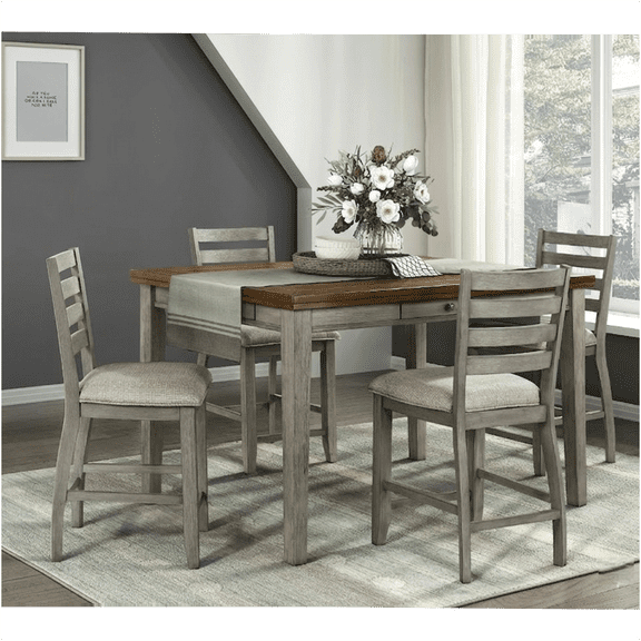 JERFIT 5-Piece Counter Height Dining Set with Storage Drawers, Two-Tone Gray and Cherry Finish Wood Table and 4 Upholstered Chairs for Kitchen, Breakfast Nook, Traditional Style