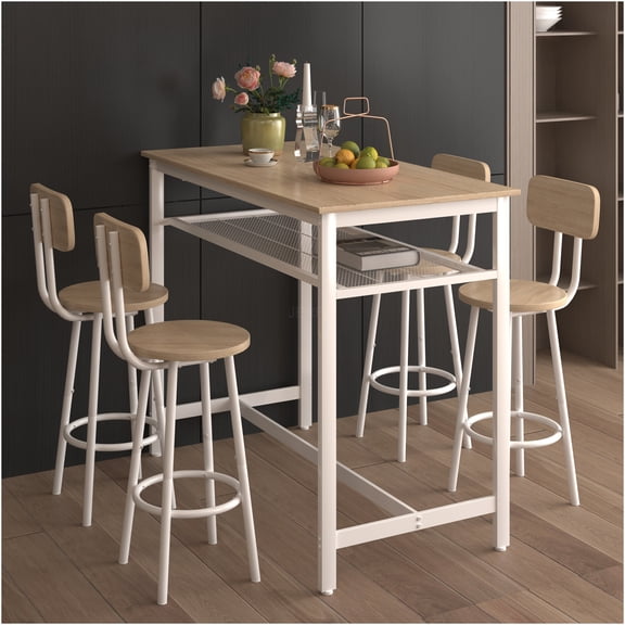 JERFIT 5-Piece Counter Height Dining Set, White Oak Finish Pub Table with 4 Backless Stools for Kitchen, Breakfast Nook or Bistro