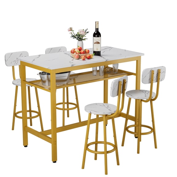 JERFIT 5-Piece Counter Height Dining Set with 4 Stools, White and Gold Kitchen Table Set for Small Space, Modern Bistro Cafe Style