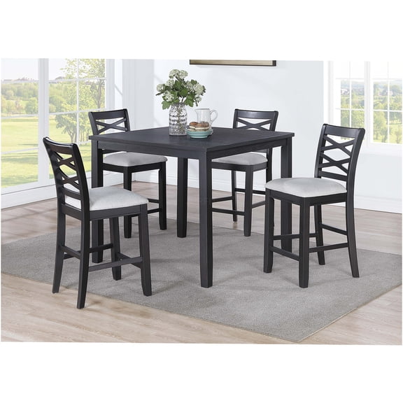 JERFIT 5-Piece Counter Height Dining Set with Cross-Back Chairs, Charcoal Rubberwood Table & Upholstered Seats for Kitchen & Dining Room