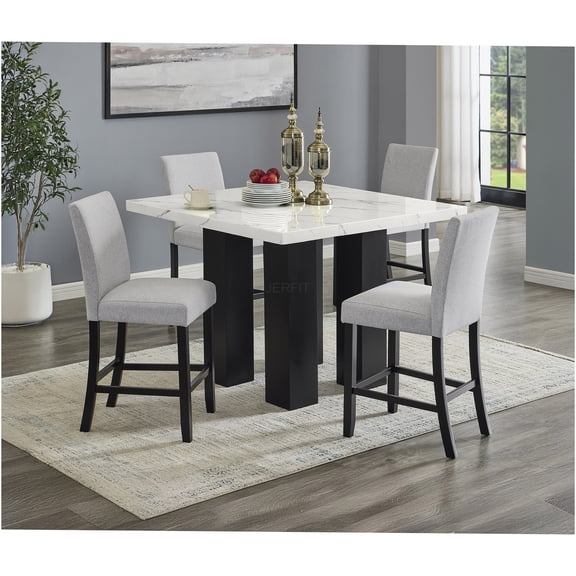 JERFIT 5-Piece Counter Height Dining Set with Faux Marble Table and Upholstered Chairs, Modern Kitchen & Dining Room Furniture