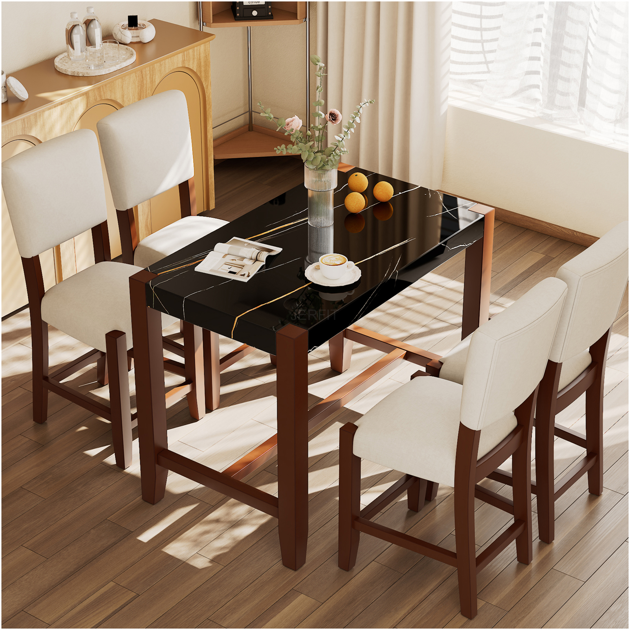 JERFIT 5-Piece Counter Height Dining Set with Faux Marble Table and ...
