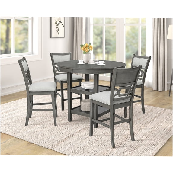 JERFIT 5-Piece Counter Height Dining Set with Round Rubberwood Table and 4 Upholstered Chairs, Gray Farmhouse Kitchen Pub Set with Storage Shelves