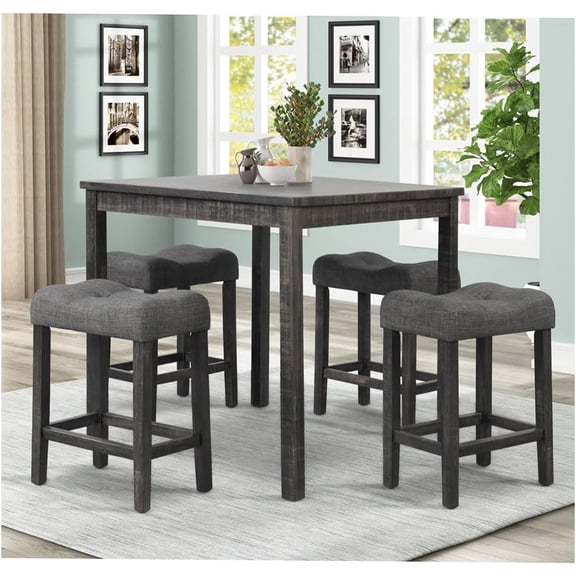 JERFIT 5-Piece Counter Height Dining Set with Square Table and 4 Upholstered Stools, Charcoal Gray Modern Kitchen Bistro Set for 4
