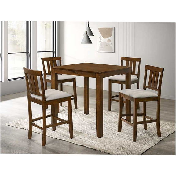 JERFIT 5-Piece Counter Height Dining Set with Square Table and Cream Upholstered Chairs, Cherry Finish Wood Kitchen Pub Set for 4