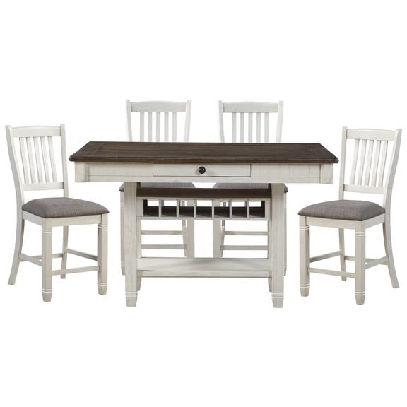 JERFIT 5-Piece Counter Height Dining Set with Storage Drawers, Wine Rack, and Fabric Chairs for Kitchen and Dining Room