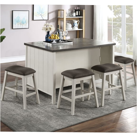 JERFIT 5-Piece Counter Height Dining Set with Storage, Modern Farmhouse Kitchen Table and 4 Stools, Off White and Gray, Solid Wood