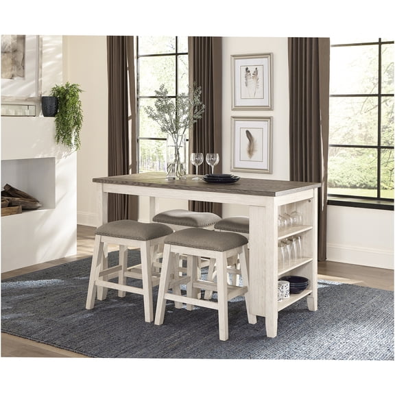 JERFIT 5-Piece Counter Height Dining Set with Storage Shelf, Antique White Finish Table and 4 Fabric Upholstered Stools for Kitchen, Breakfast Nook