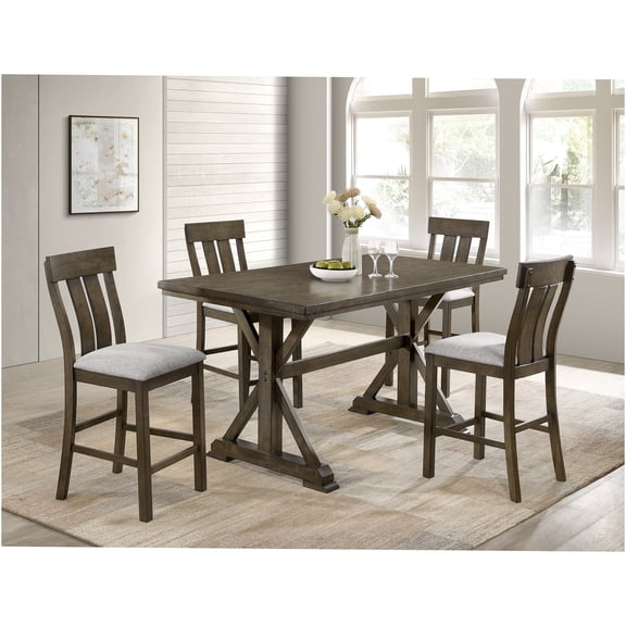 JERFIT 5-Piece Counter Height Dining Set with Upholstered Chairs, Farmhouse Trestle Table and Fabric Chairs for Dining Room, Light Gray