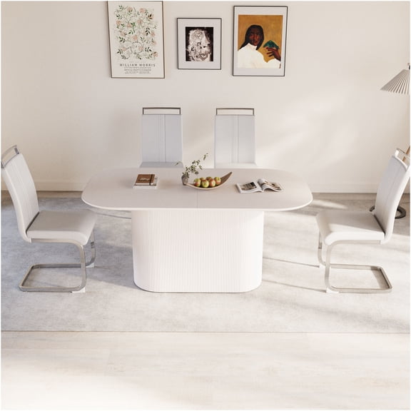 JERFIT 5-Piece Cream White Dining Table Set with 4 Chairs, Modern Kitchen Table Set for 4-6 People, Industrial Farmhouse Style MDF Table and PU Leather Armless Chairs