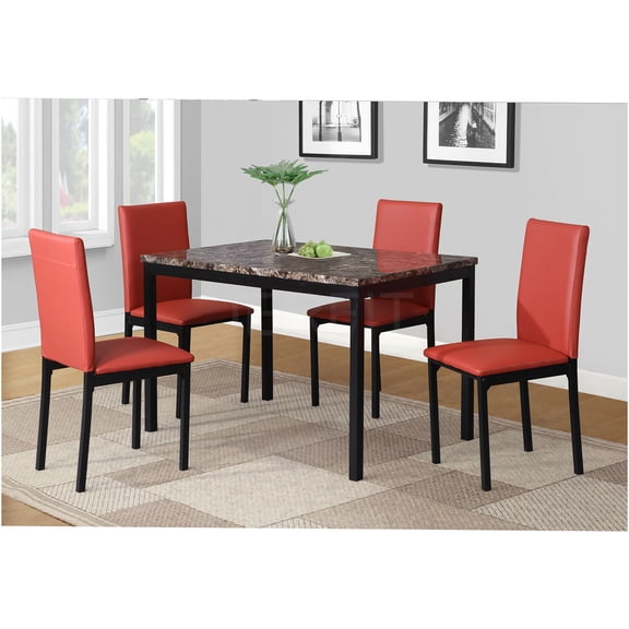 JERFIT 5-Piece Dining Set with Faux Marble Table & 4 Red Chairs, Metal Dinette Set for Kitchen Breakfast Nook