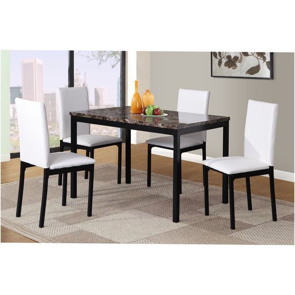 JERFIT 5-Piece Dining Set with Faux Marble Tabletop, 4-Seater Metal Dinette for Kitchen, Breakfast Nook, Black and White