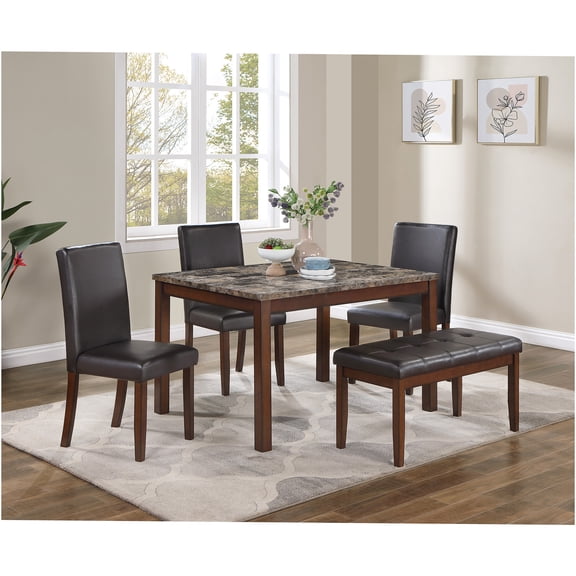 JERFIT 5-Piece Dining Set with Faux Marble Tabletop, Faux Leather Chairs & Bench, Espresso Brown Modern Kitchen Table Set for 4