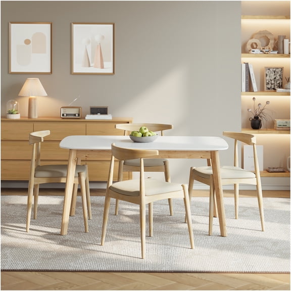 JERFIT 5-Piece Dining Table Set with Chairs, Mid-Century Modern Kitchen Dining Set, Faux Leather Upholstered Chairs, Rubberwood Frame, Light Grey and Natural Finish
