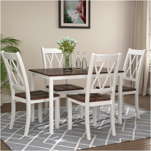 JERFIT 5-Piece Dining Table Set, Espresso & White Farmhouse Kitchen Table and 4 Chairs, Solid Wood Rectangular Dining Set for 4