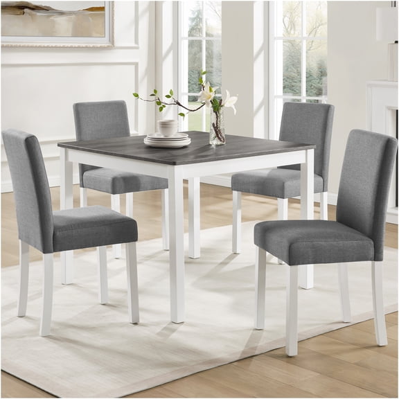 JERFIT 5-Piece Dining Table Set for Kitchen Breakfast Nook, Square Table with 4 Upholstered Chairs, Modern Two-Tone Grey and White Space Saving Design