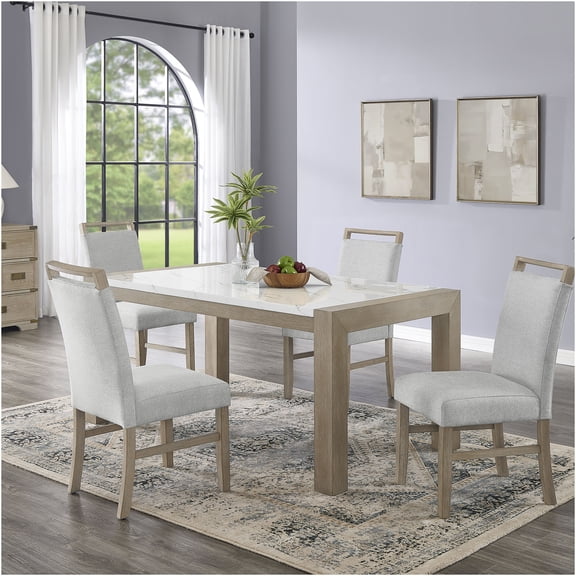 JERFIT 5-Piece Dining Table Set with White Faux Marble Top and Light Oak Legs, 66-Inch Rectangular Kitchen Table and 4 Upholstered Chairs for Dining Room