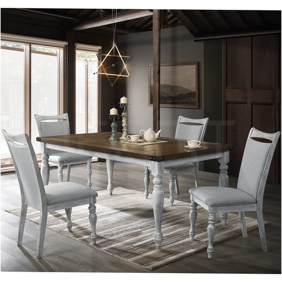 JERFIT 5-Piece Distressed Oak Dining Set with Upholstered Chairs, Farmhouse Table and 4 Chairs, Rustic White and Brown Finish