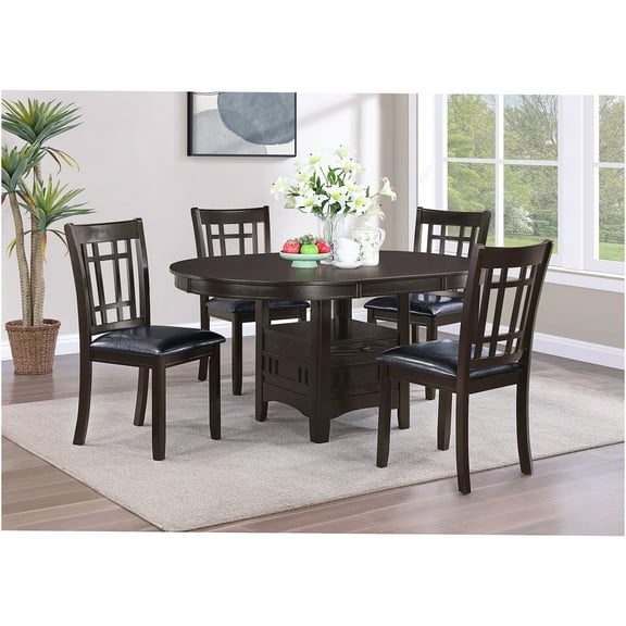 JERFIT 5-Piece Espresso Brown Dining Table Set with 4 Upholstered Chairs, Oval Extension Leaf and Storage Cabinet for Modern Dining Room