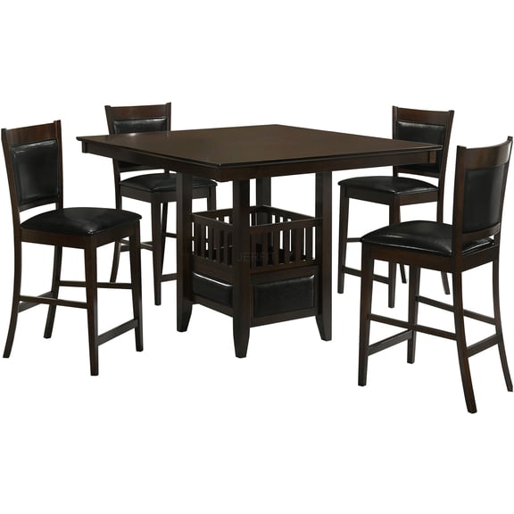 JERFIT 5-Piece Espresso Counter Height Dining Set with Storage, Square Table and 4 Leatherette Chairs for Kitchen, Breakfast Nook