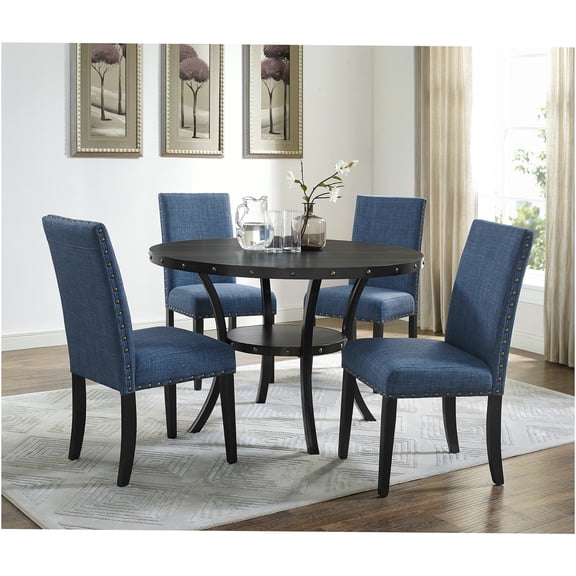 JERFIT 5-Piece Espresso Round Dining Table Set with 4 Upholstered Nailhead Accent Chairs, Black and Blue Fabric Seating for Kitchen and Dining Room