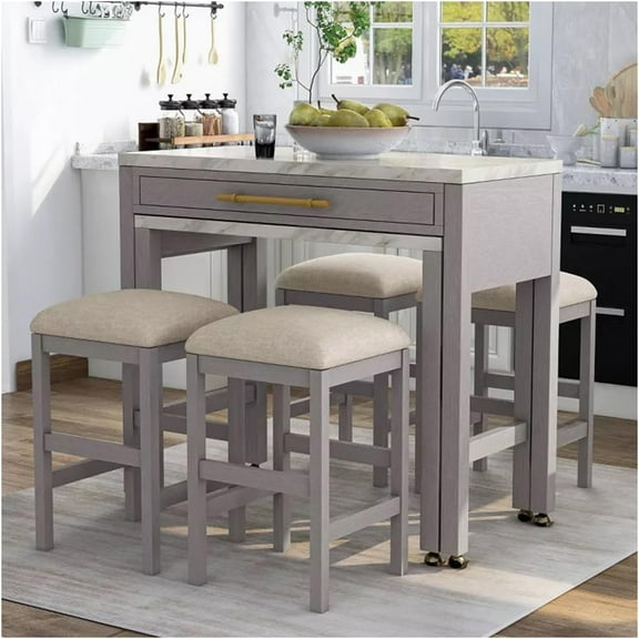 JERFIT 5-Piece Expandable Counter Height Dining Set with Storage Drawer, Faux Marble Tabletop and 4 Upholstered Stools, Farmhouse Kitchen Island Set in Light Gray