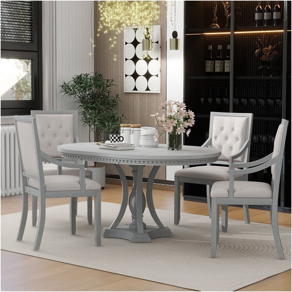 JERFIT 5-Piece Extendable Dining Table Set, Retro Kitchen Table with 4 Upholstered Chairs, Antique Gray Oak Finish, Farmhouse Style