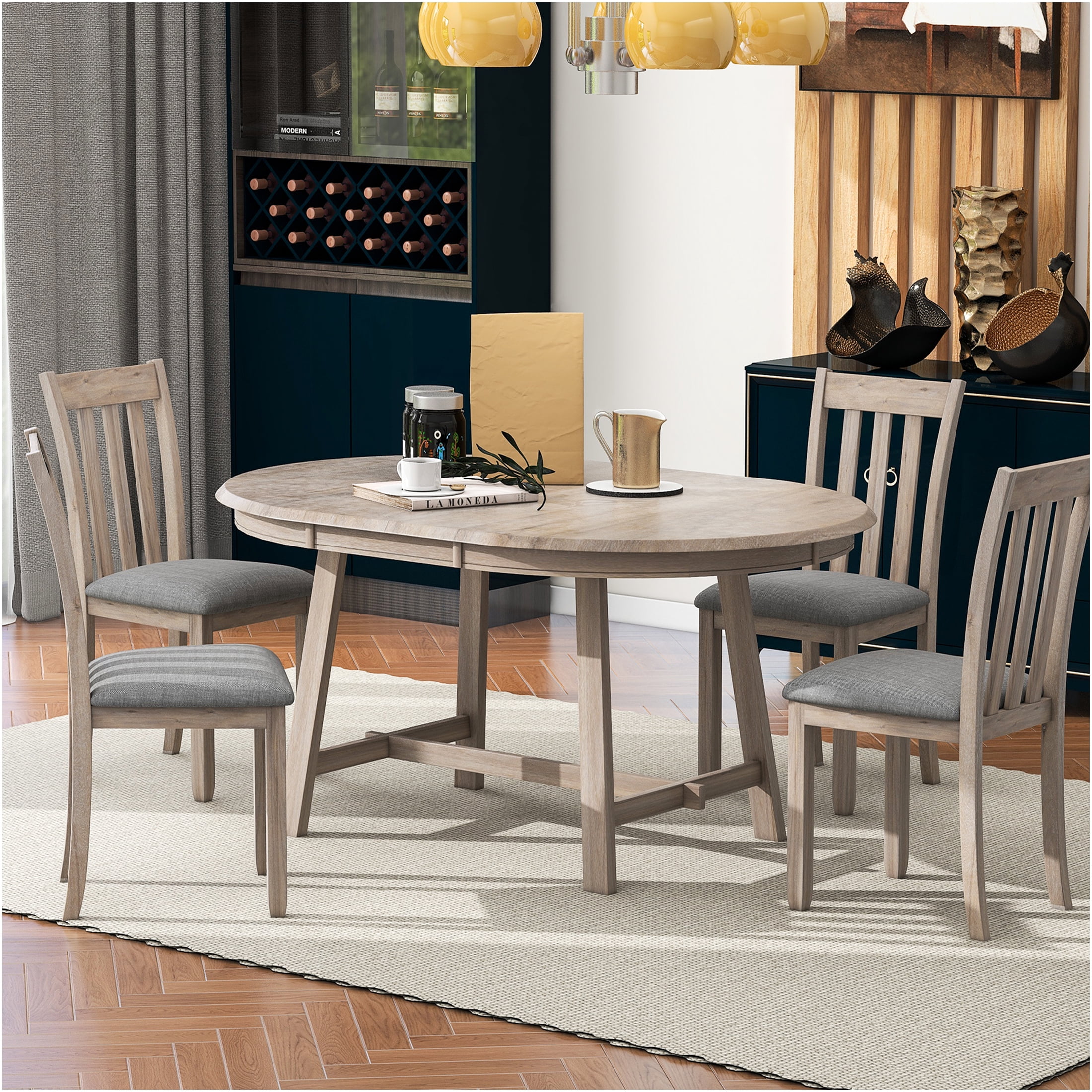 JERFIT 5-Piece Extendable Round Dining Table Set with 4 Upholstered ...