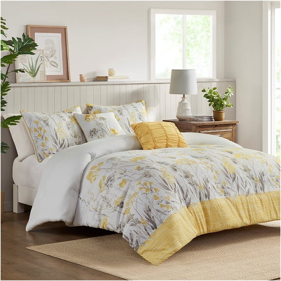 JERFIT 5-Piece Floral Seersucker Comforter Set Full/Queen, Yellow Cottage Farmhouse Bedding with Embroidered Throw Pillows